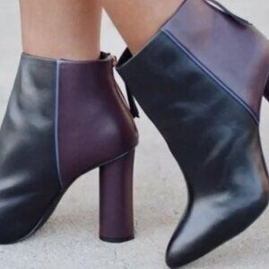 Cabi Bisset Booties, Two Tone Chunky Heels Plum/Black Leather Booties